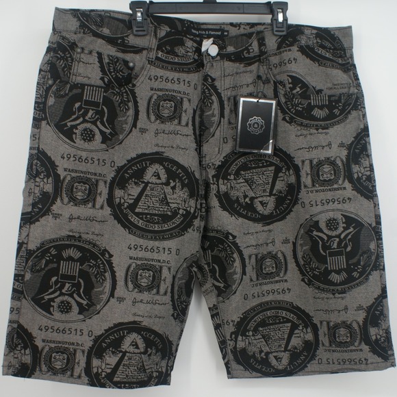 Young Rich & Famous Other - Young‎ Rich & Famous Mens Money Print Denim Shorts Grey Black Size 44 NWT Trap